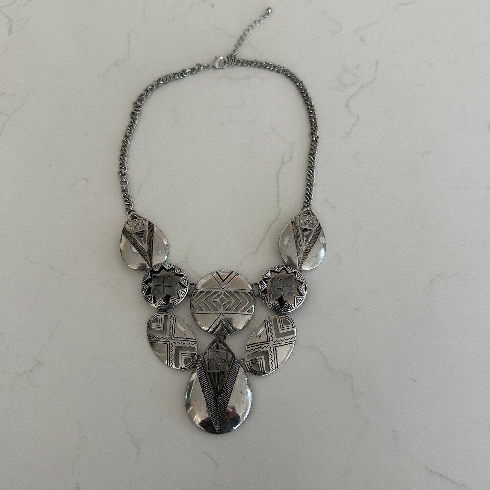Silver Tone Medallion Statement Necklace